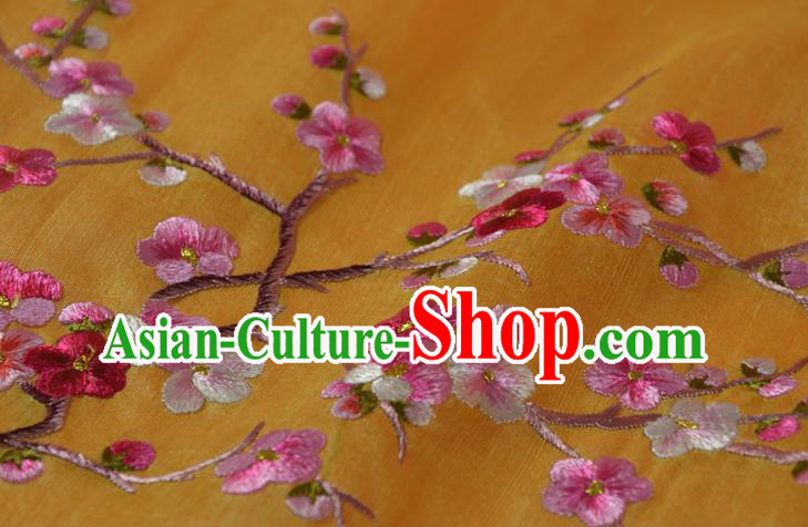 Chinese Traditional Hanfu Dress Yellow Silk Fabric Embroidered Plum Blossom Silk Material