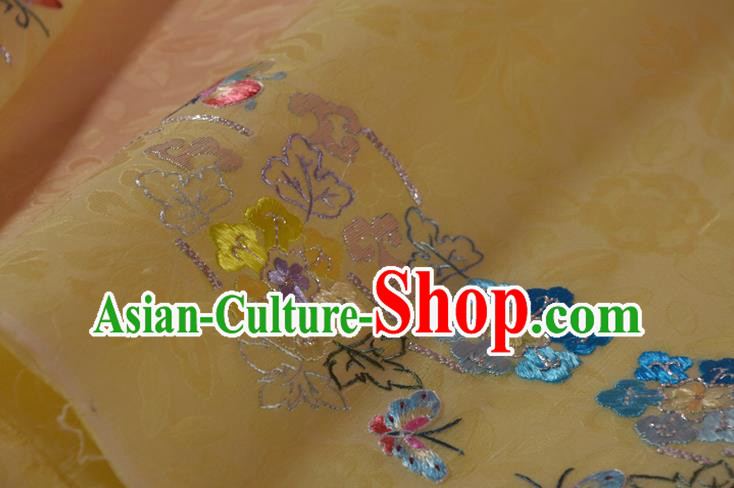 Chinese Traditional Hanfu Dress Light Yellow Silk Fabric Embroidered Plum Butterfly Silk Material