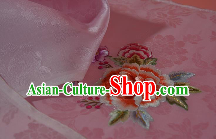 Chinese Classical Peony Pattern Silk Material Traditional Hanfu Dress Embroidered Pink Silk Fabric