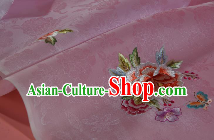 Chinese Classical Peony Pattern Silk Material Traditional Hanfu Dress Embroidered Pink Silk Fabric