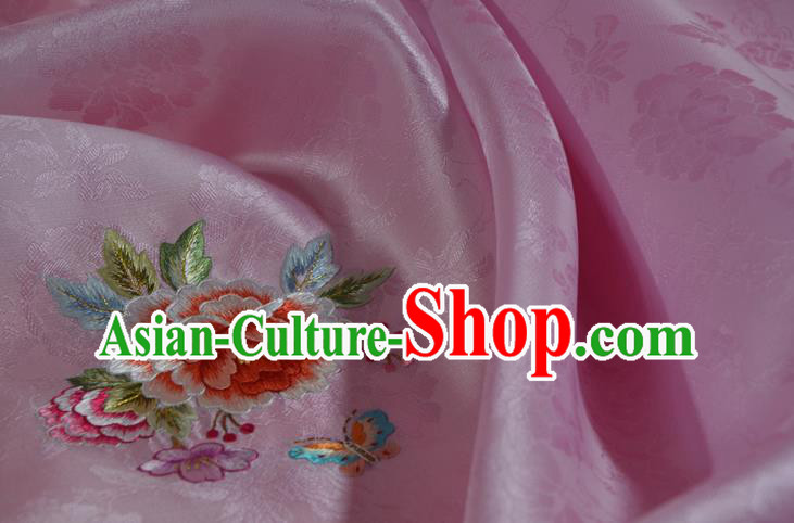 Chinese Classical Peony Pattern Silk Material Traditional Hanfu Dress Embroidered Pink Silk Fabric