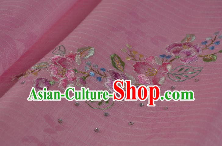 Chinese Classical Peach Flowers Pattern Silk Material Traditional Hanfu Dress Embroidered Pink Silk Fabric