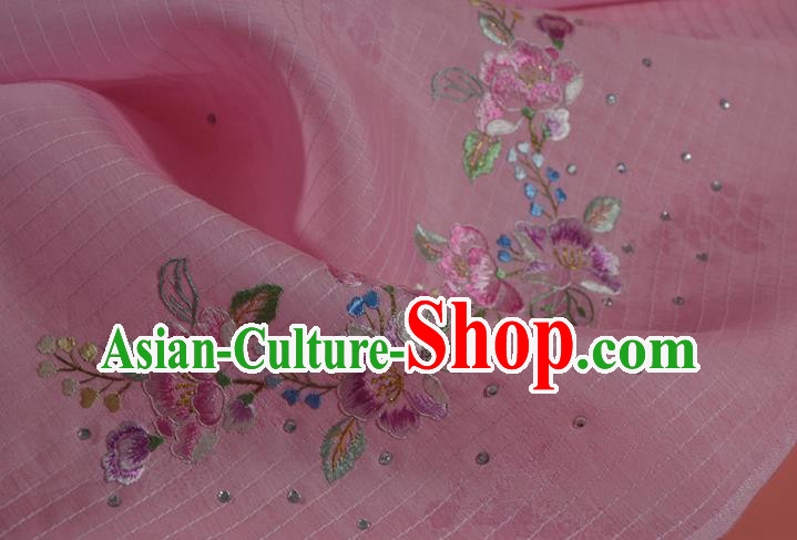 Chinese Classical Peach Flowers Pattern Silk Material Traditional Hanfu Dress Embroidered Pink Silk Fabric