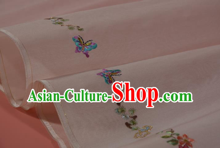 Chinese Traditional Hanfu Silk Fabric Classical Embroidered Butterfly Peony Pink Silk Material