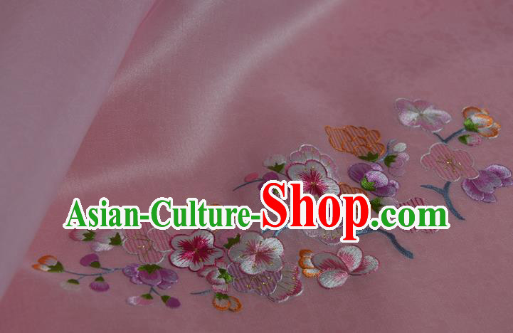 Chinese Traditional Hanfu Pink Silk Fabric Classical Embroidered Plum Blossom Silk Material