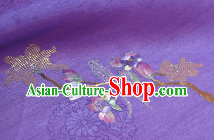 Chinese Traditional Hanfu Deep Purple Silk Fabric Classical Embroidered Mangnolia Silk Material