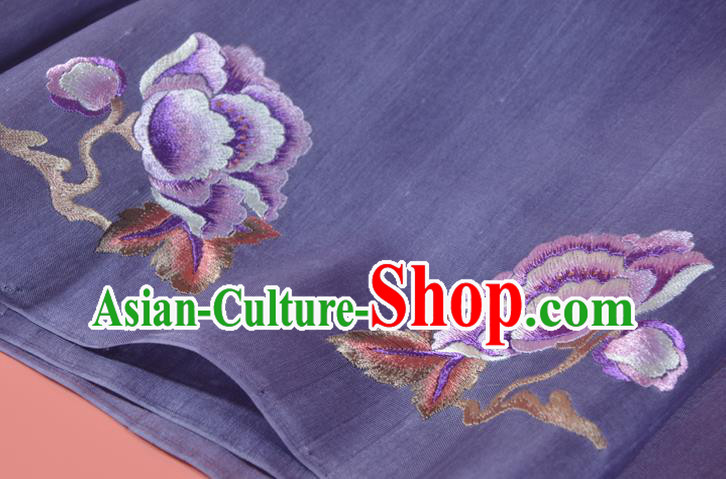 Chinese Traditional Hanfu Dark Purple Silk Fabric Classical Embroidered Peony Silk Material