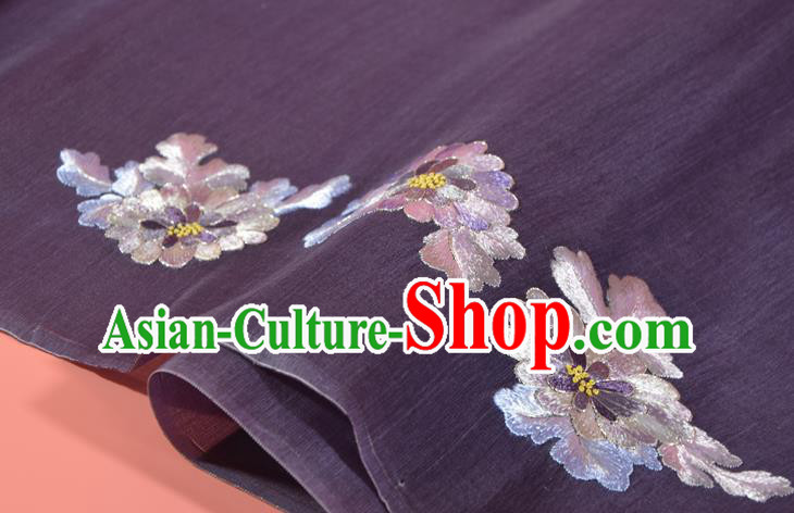 Chinese Traditional Hanfu Deep Purple Silk Fabric Classical Embroidered Chrysanthemum Silk Material