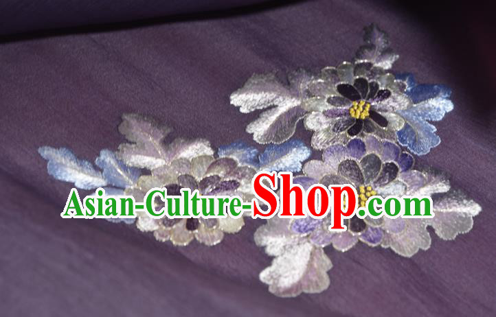 Chinese Traditional Hanfu Deep Purple Silk Fabric Classical Embroidered Chrysanthemum Silk Material