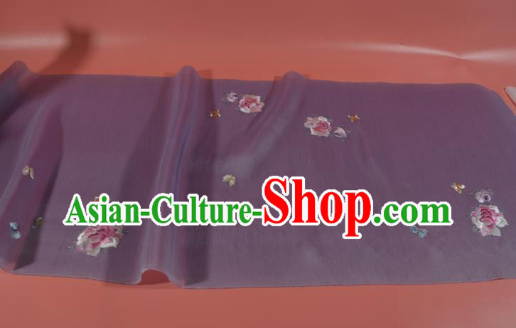 Chinese Classical Light Purple Silk Fabric Traditional Hanfu Embroidered Peony Butterfly Silk Material