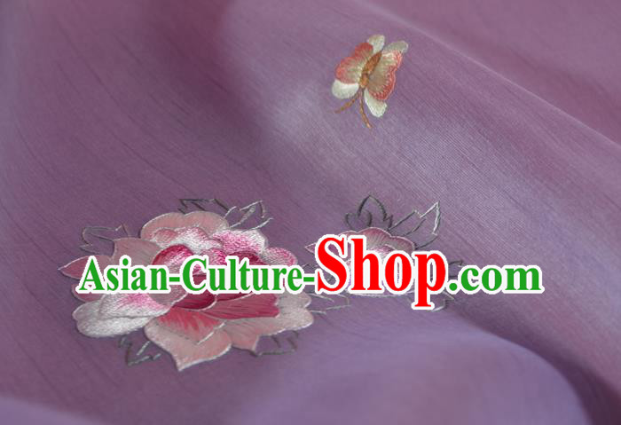 Chinese Classical Light Purple Silk Fabric Traditional Hanfu Embroidered Peony Butterfly Silk Material