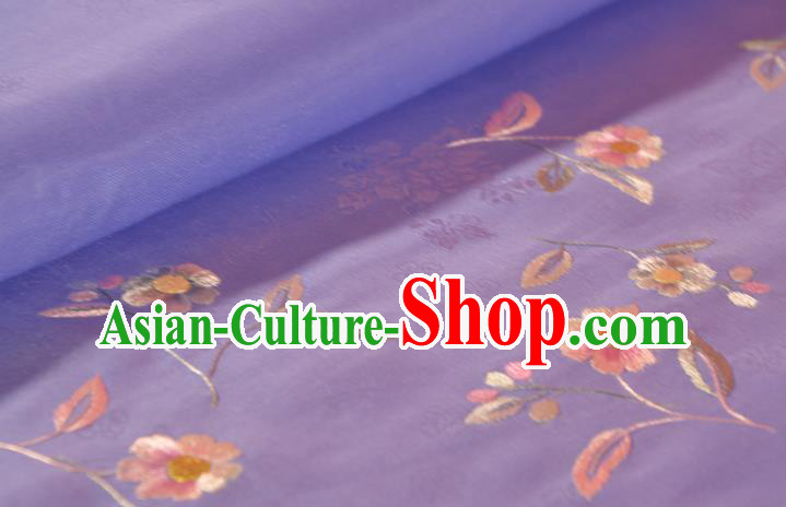 Chinese Classical Violet Natural Silk Material Traditional Hanfu Embroidered Flowers Silk Fabric
