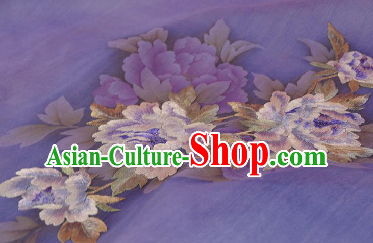 Chinese Classical Natural Silk Material Traditional Hanfu Embroidered Purple Peony Silk Fabric