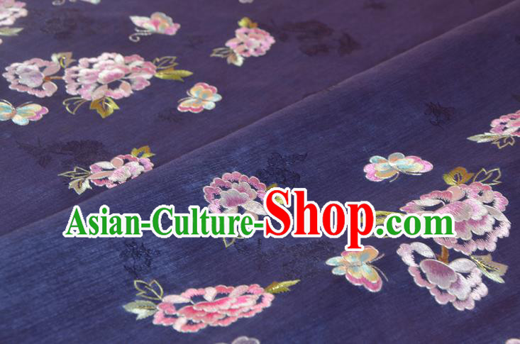 Chinese Classical Dark Purple Natural Silk Material Traditional Hanfu Embroidered Peony Flowers Silk Fabric