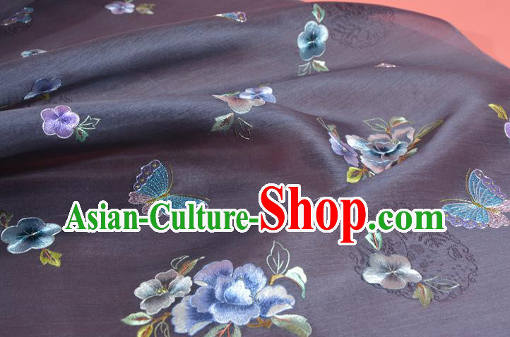Chinese Classical Grey Purple Natural Silk Material Traditional Hanfu Embroidered Flowers Butterfly Silk Fabric