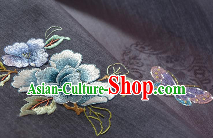 Chinese Classical Grey Purple Natural Silk Material Traditional Hanfu Embroidered Flowers Butterfly Silk Fabric