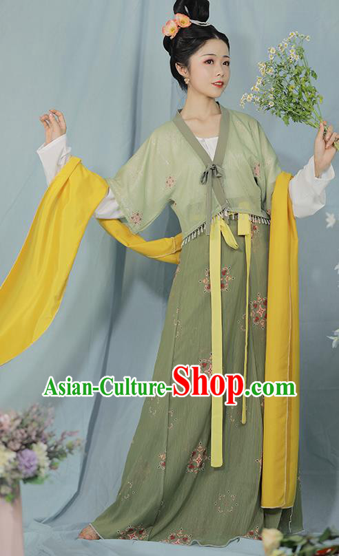 China Ancient Tang Dynasty Young Lady Historical Costume Traditional Green Hanfu Outfits