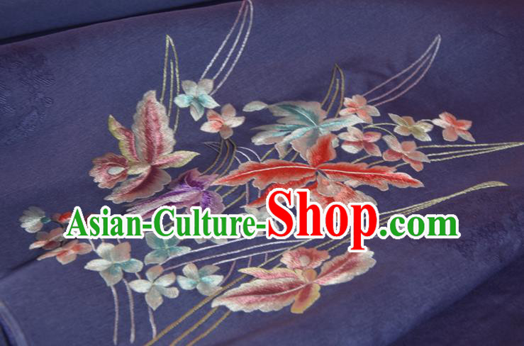 Traditional Korean Hanbok Silk Fabric Handmade Embroidered Orchids Purple Silk