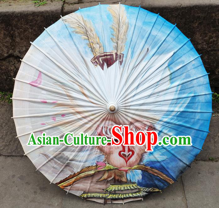 Traditional China Blue Oil Paper Umbrella Handmade Umbrellas Artware Painting Monkey King Umbrella
