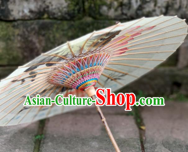 Traditional China White Oil Paper Umbrella Handmade Umbrellas Artware Ink Painting Lotus Fishes Umbrella