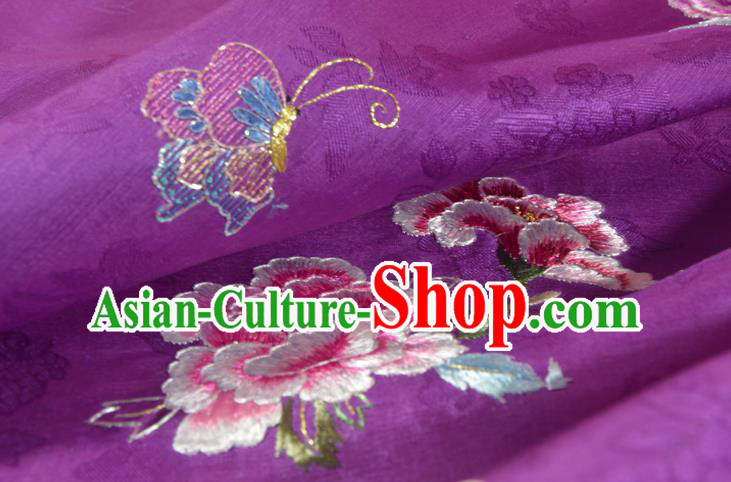 Traditional Handmade Embroidered Peony Butterfly Purple Silk Korean Hanbok Silk Fabric