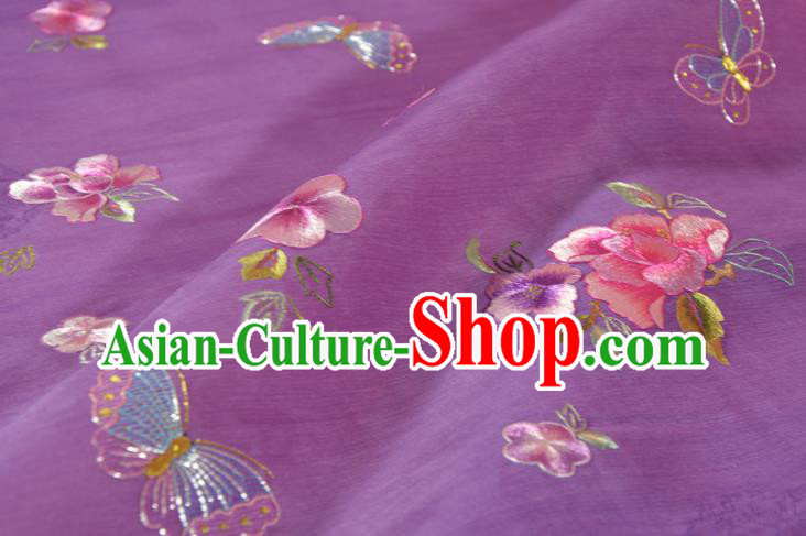 Traditional Korean Hanbok Violet Silk Fabric Handmade Embroidered Flowers Butterfly Silk Textile
