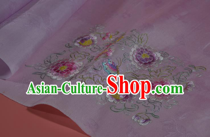 Traditional Korean Hanbok Lilac Silk Fabric Handmade Embroidered Peony Silk Textile