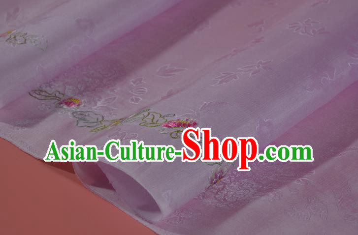 Traditional Korean Hanbok Lilac Silk Fabric Handmade Embroidered Peony Silk Textile