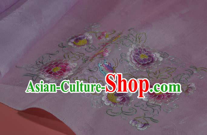 Traditional Korean Hanbok Lilac Silk Fabric Handmade Embroidered Peony Silk Textile