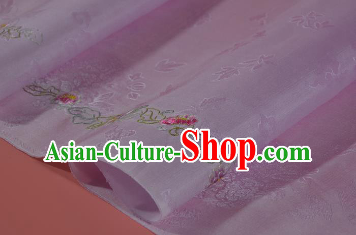 Traditional Korean Hanbok Lilac Silk Fabric Handmade Embroidered Peony Silk Textile
