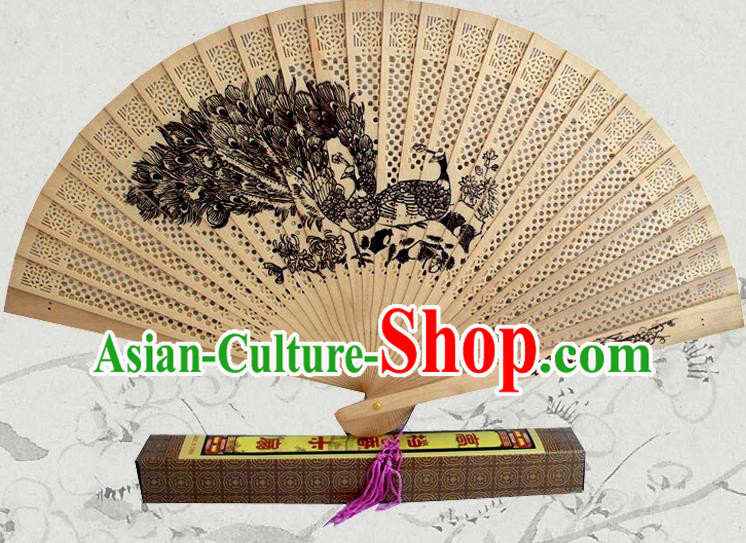 Handmade China Traditional Sandalwood Folding Fan Pierced Wood Fan Ink Painting Peacock Accordion