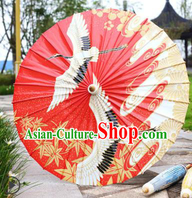 Traditional China Red Paper Umbrella Printing Cranes Oil Paper Umbrella Handmade Umbrellas Artware