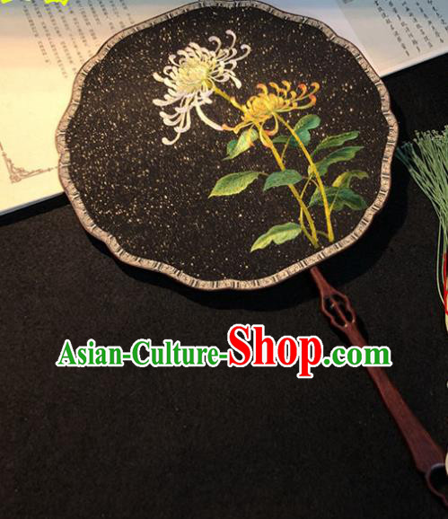 Handmade China Wedding Palace Fan Classical Dance Black Silk Fan Traditional Princess Embroidered Chrysanthemum Fan