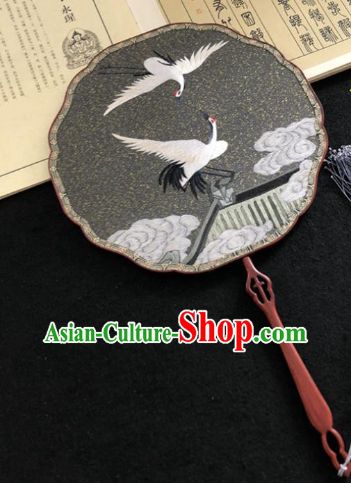 Handmade China Traditional Princess Embroidered Cloud Crane Fan Wedding Palace Fan Classical Dance Grey Silk Fan
