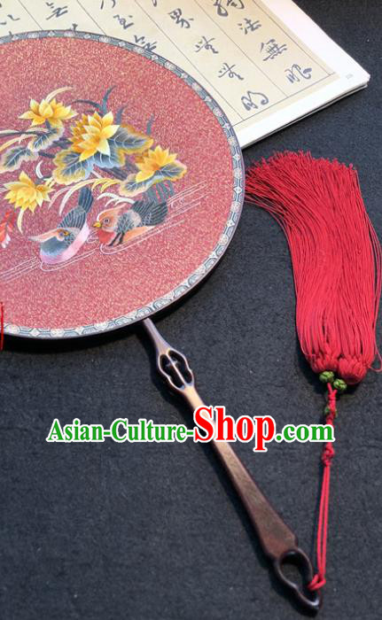Handmade China Classical Dance Pink Silk Fan Ancient Princess Palace Fan Traditional Embroidered Mandarin Duck Circular Fan