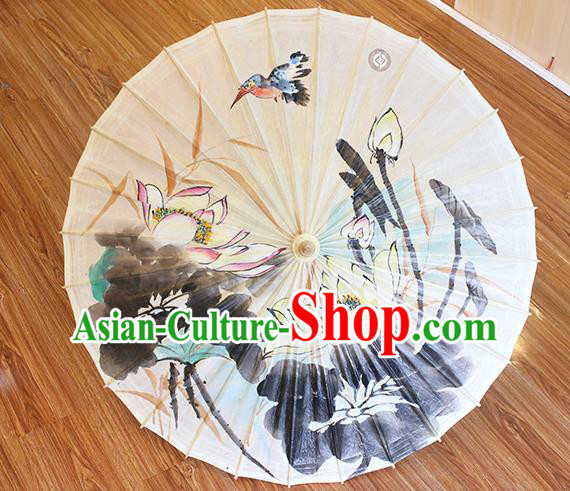 Traditional China Classical Ink Painting Lotus Paper Umbrella Handmade Umbrellas Artware White Oil Paper Umbrella