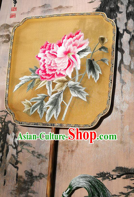 China Handmade Yellow Silk Fans Embroidered Peony Palace Fan Traditional Song Dynasty Hanfu Fan