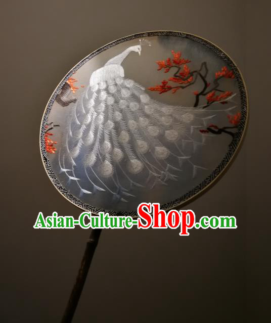 China Traditional Double Sides Circular Fan Handmade Embroidered White Peacock Silk Fans Classical Palace Fan