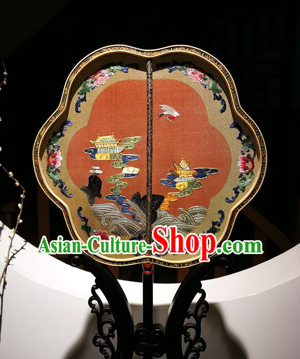 China Handmade Red Silk Fans Classical Palace Fan Traditional Embroidered Fan Wedding Fan