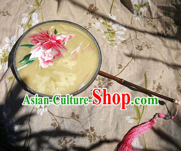 China Traditional Embroidered Peony Circular Fan Handmade Double Sides Yellow Silk Fan Classical Dance Palace Fan