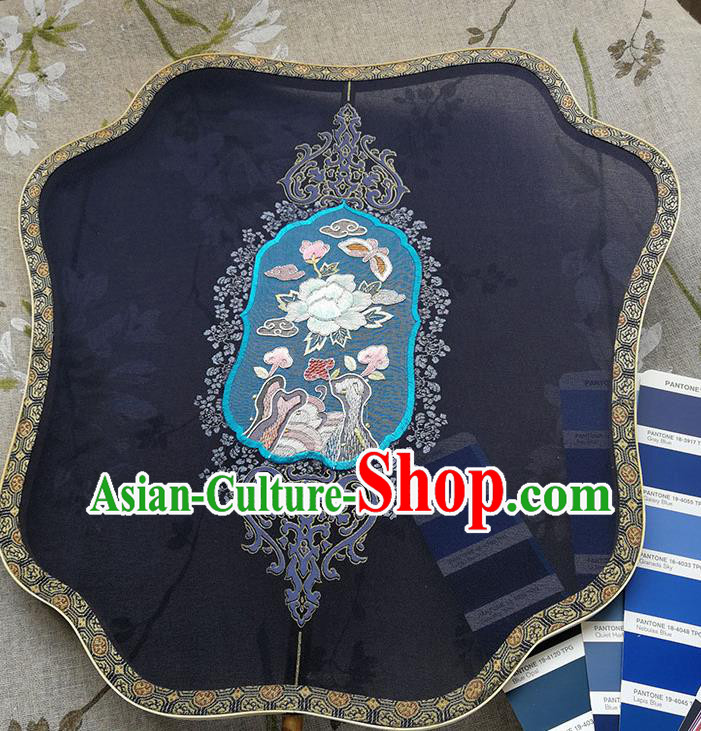 China Handmade Navy Silk Fan Wedding Fan Traditional Hanfu Embroidered Fan Classical Palace Fan