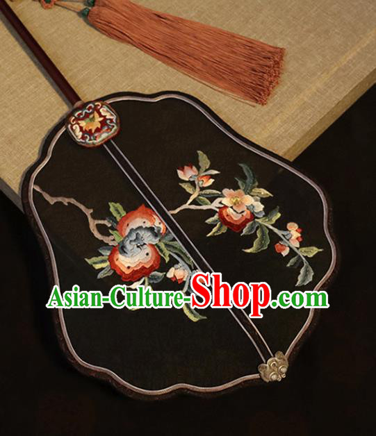 China Classical Wedding Palace Fan Traditional Ming Dynasty Hanfu Fan Embroidered Fan Handmade Black Silk Fan