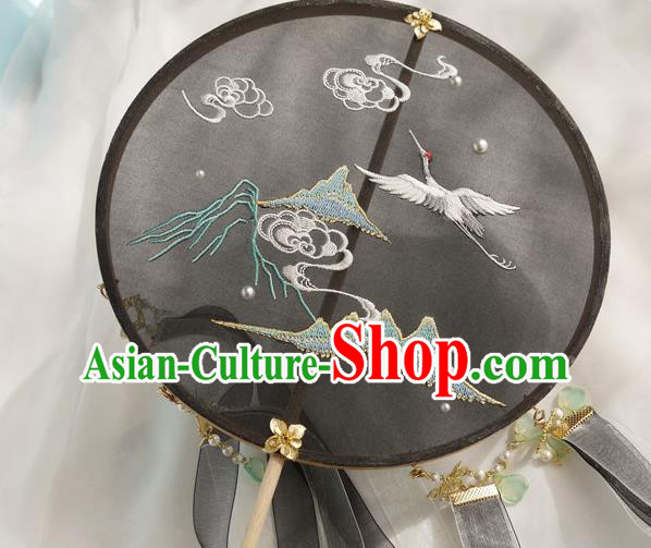 China Handmade Black Silk Circular Fan Traditional Hanfu Fan Embroidered Crane Palace Fan