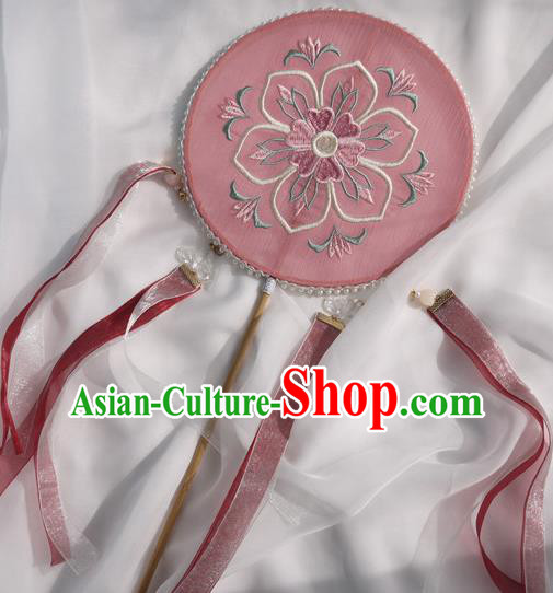 China Handmade Pink Silk Circular Fan Traditional Tang Dynasty Hanfu Fan Ancient Princess Embroidered Palace Fan