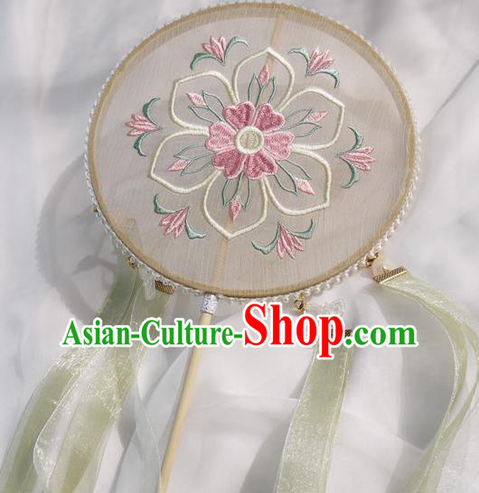 China Traditional Tang Dynasty Hanfu Fan Ancient Princess Embroidered Palace Fan Handmade Khaki Silk Circular Fan