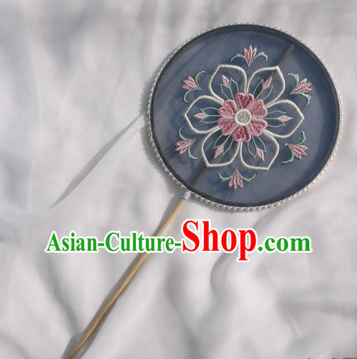 China Traditional Tang Dynasty Princess Fan Handmade Embroidered Palace Fan Navy Silk Circular Fan