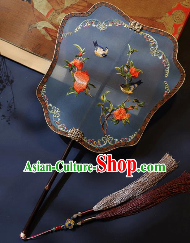 China Handmade Blue Silk Fan Classical Palace Fan Traditional Ming Dynasty Hanfu Embroidered Pomegranate Fan