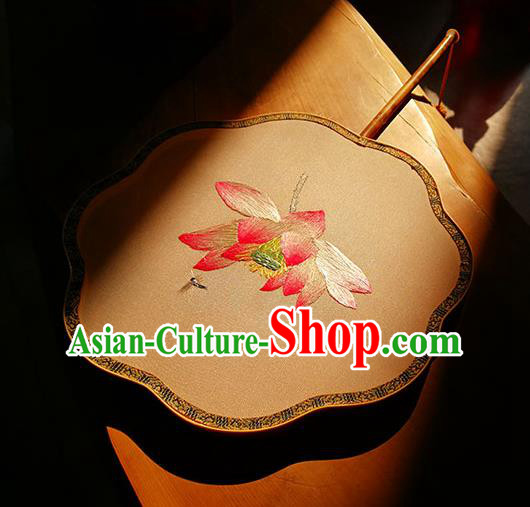 Handmade China Embroidered Lotus Fan Classical Palace Fan Traditional Wedding Silk Fan