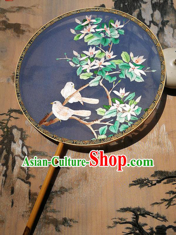 Handmade China Traditional Circular Fan Palace Fan Embroidered Flowers Birds Fan Hanfu Blue Silk Fan