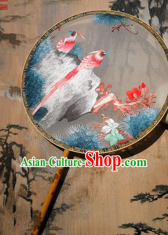 Handmade China Traditional Hanfu Grey Silk Fan Circular Fan Palace Fan Embroidered Birds Fan